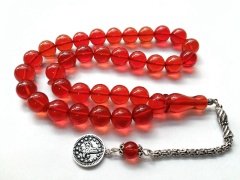 925 Ayar Gümüş Püsküllü Küre Kesim Kırmızı Ateş Kehribar Tesbih