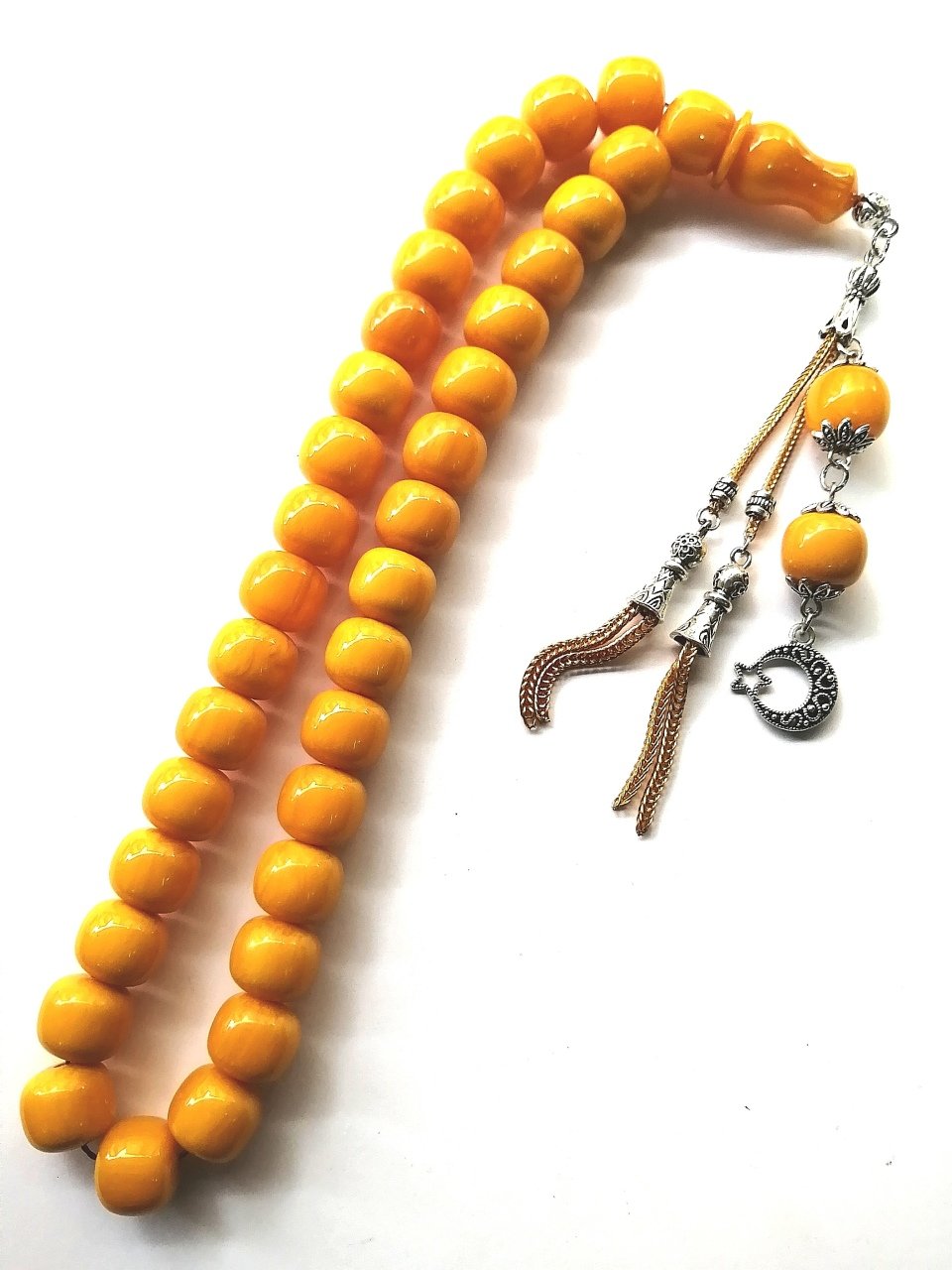 Alpaka Püsküllü Dik Hareli Çubuk Malzeme Sıkma Kehribar Tesbih