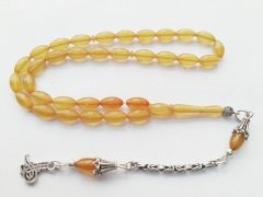 925 Ayar Gümüş Püsküllü Arpa Kesim Sıkma Kehribar Tesbih