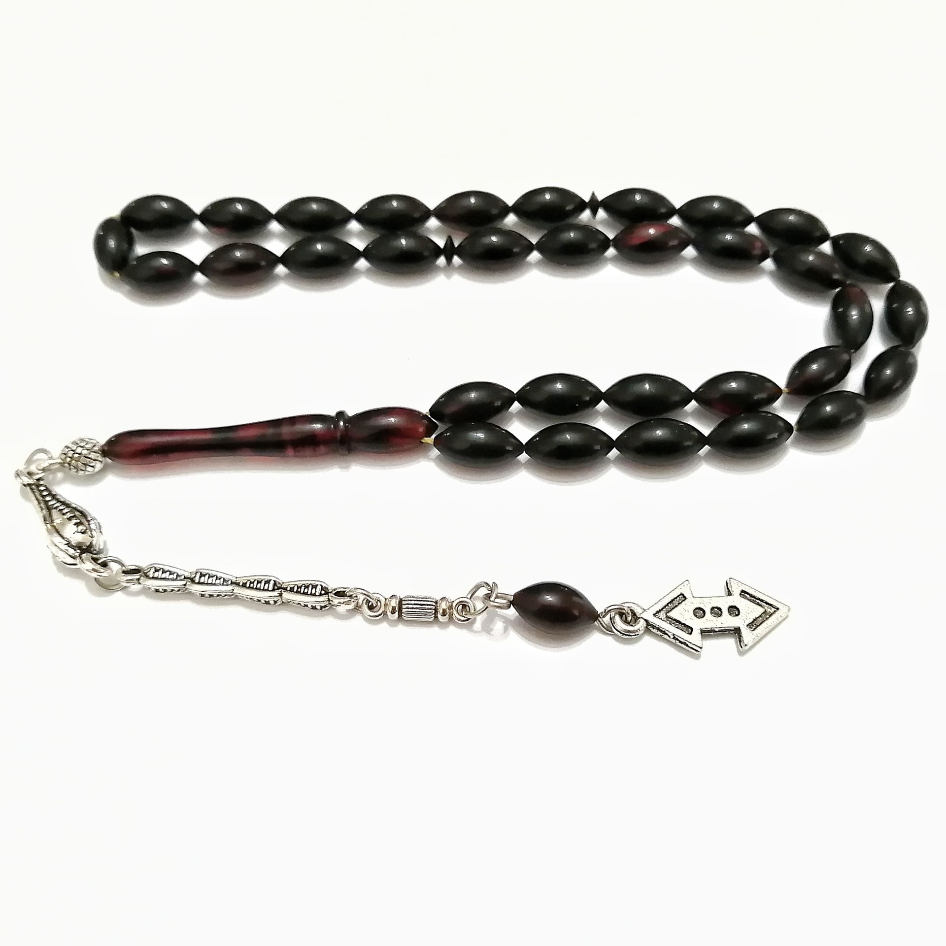 Gümüş Kaplama Alpaka Püsküllü Beyzi Kesim Sıkma Kehribar Tesbih