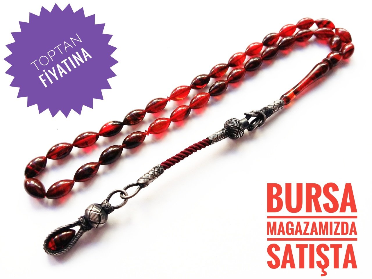 925 Ayar Gümüş Püsküllü Beyzi Kesim Sıkma Kehribar Tesbih