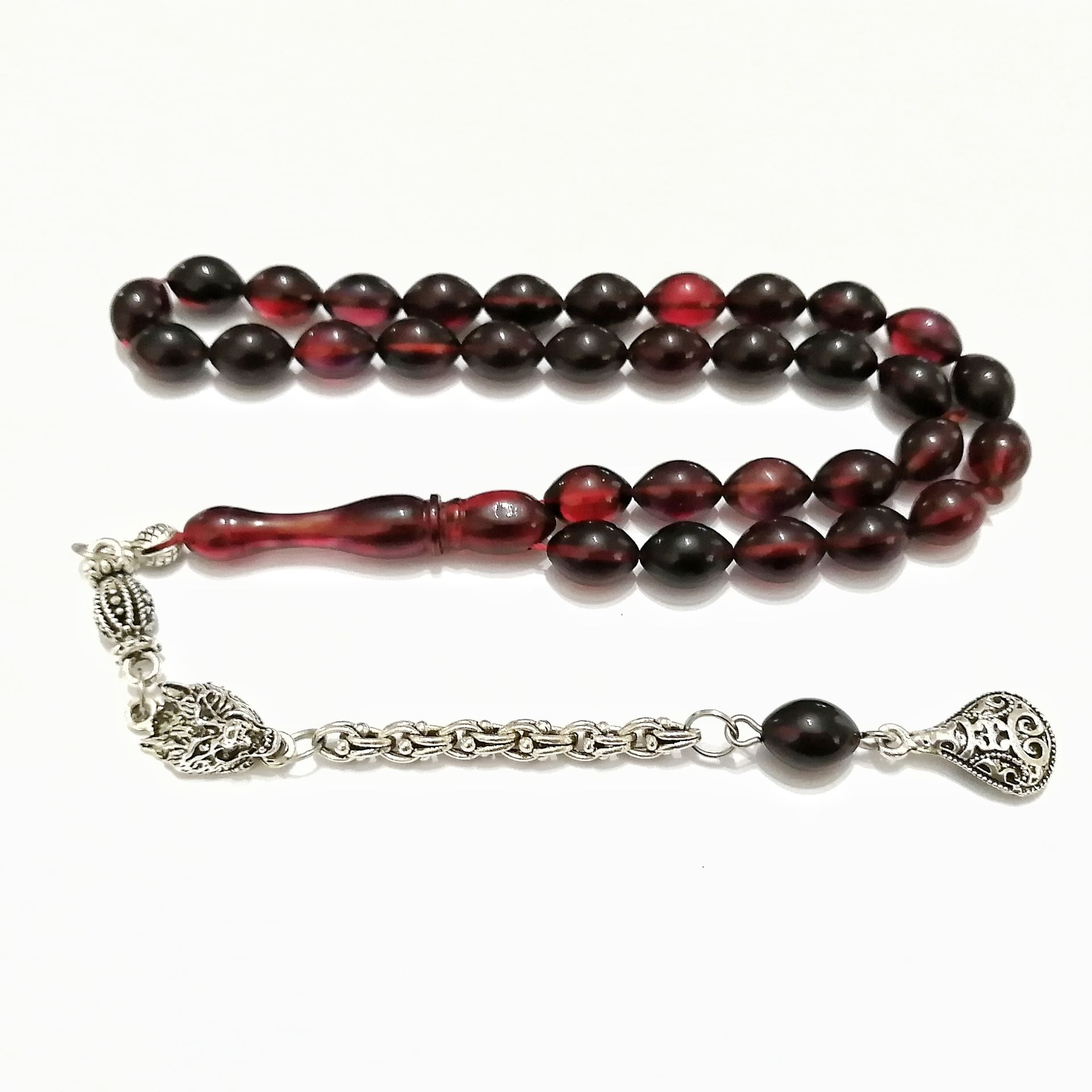 Gümüş Kaplama Alpaka Püsküllü Beyzi Kesim Sıkma Kehribar Tesbih