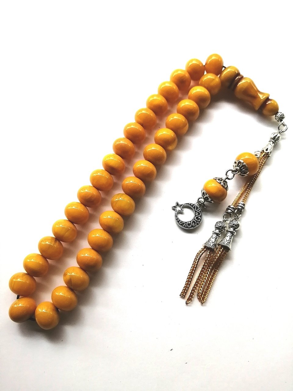 Alpaka Püsküllü Hareli Çubuk Malzeme Sıkma Kehribar Tesbih