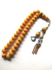 Alpaka Püsküllü Hareli Çubuk Malzeme Sıkma Kehribar Tesbih