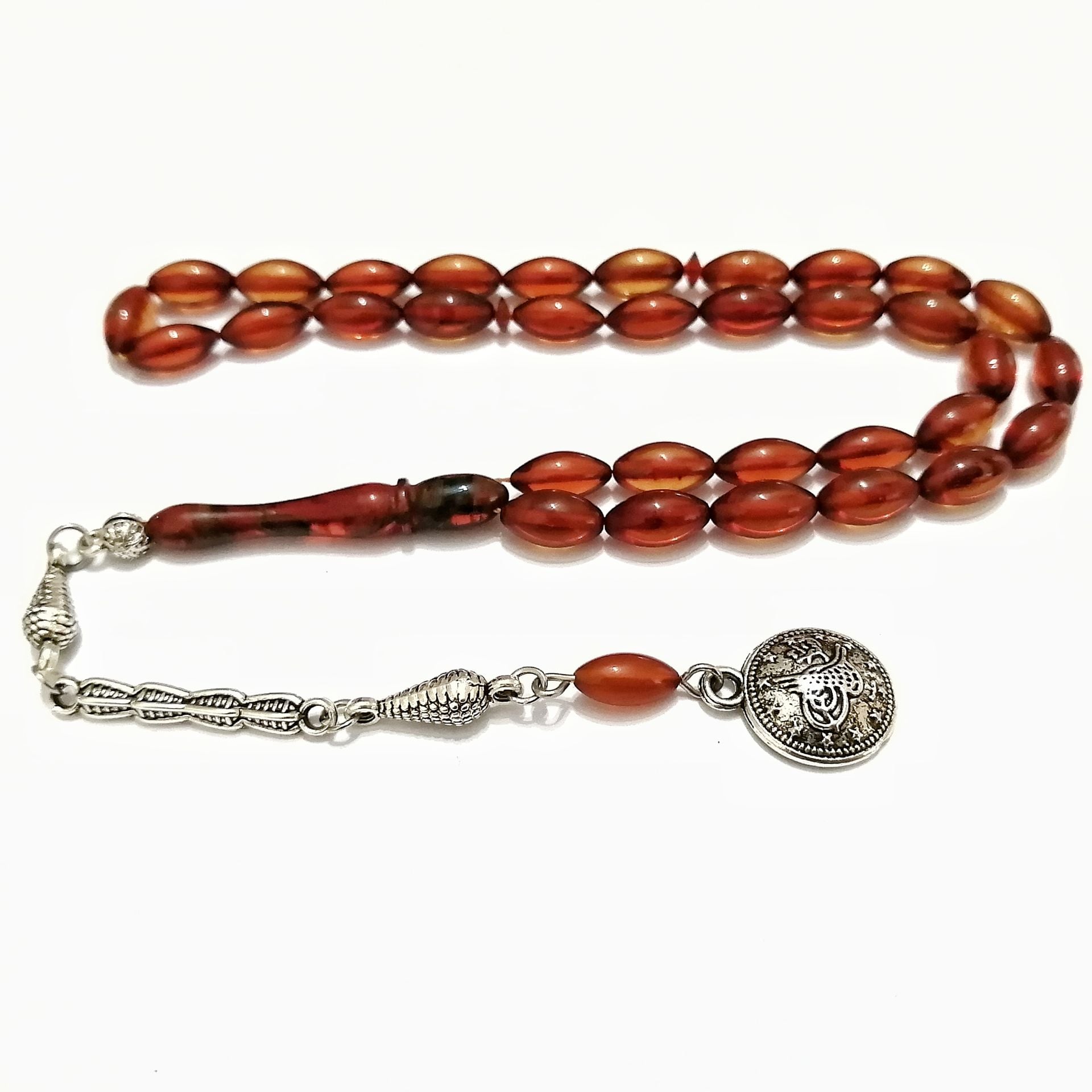 Gümüş Kaplama Alpaka Püsküllü Beyzi Kesim Sıkma Kehribar Tesbih