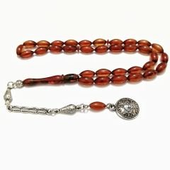 Gümüş Kaplama Alpaka Püsküllü Beyzi Kesim Sıkma Kehribar Tesbih