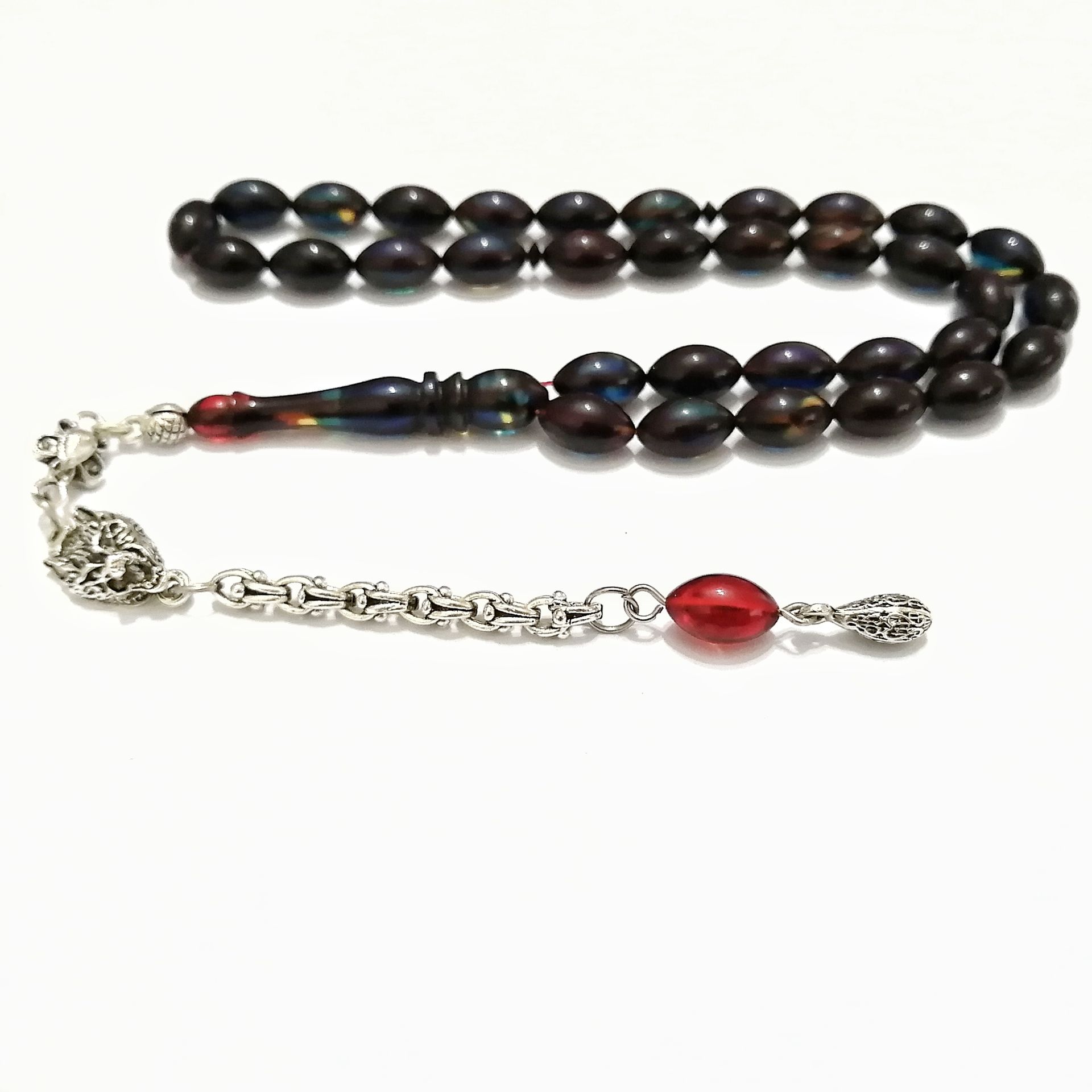 Gümüş Kaplama Alpaka Püsküllü Beyzi Kesim Sıkma Kehribar Tesbih