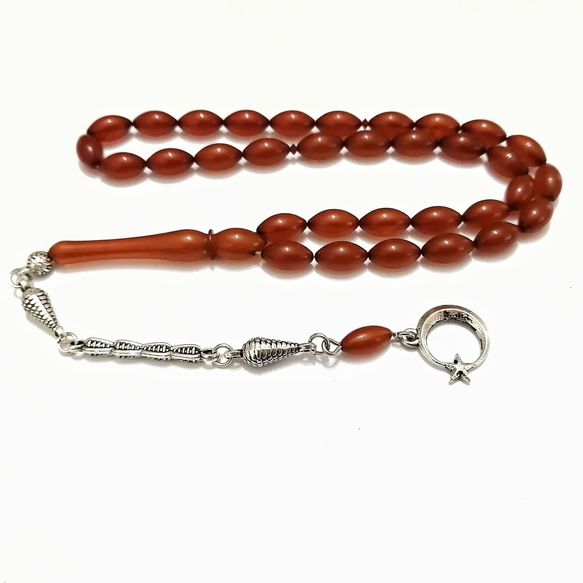 Gümüş Kaplama Alpaka Püsküllü Beyzi Kesim Sıkma Kehribar Tesbih