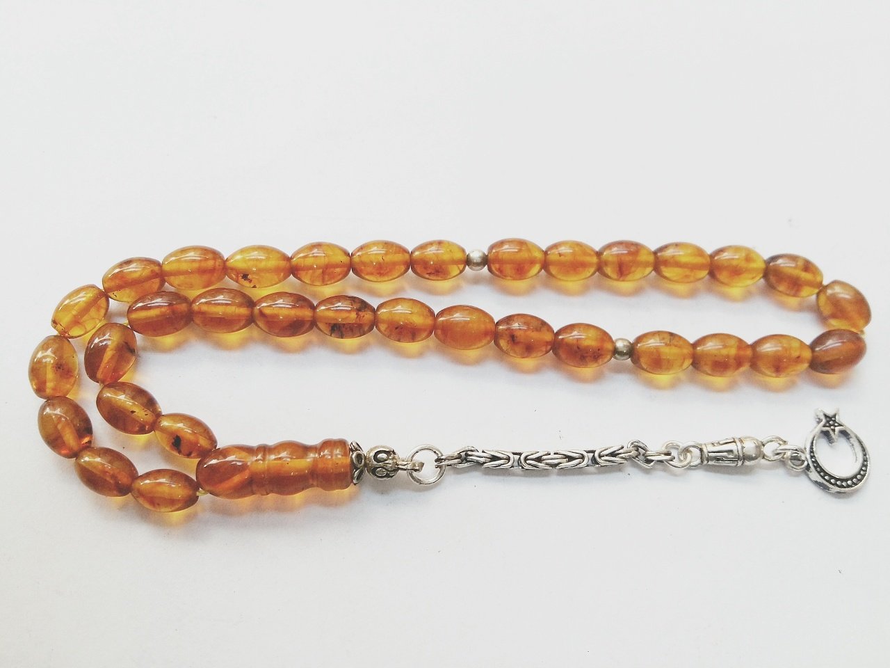 925 Ayar Gümüş Püsküllü Polonya Kehribar Tesbih