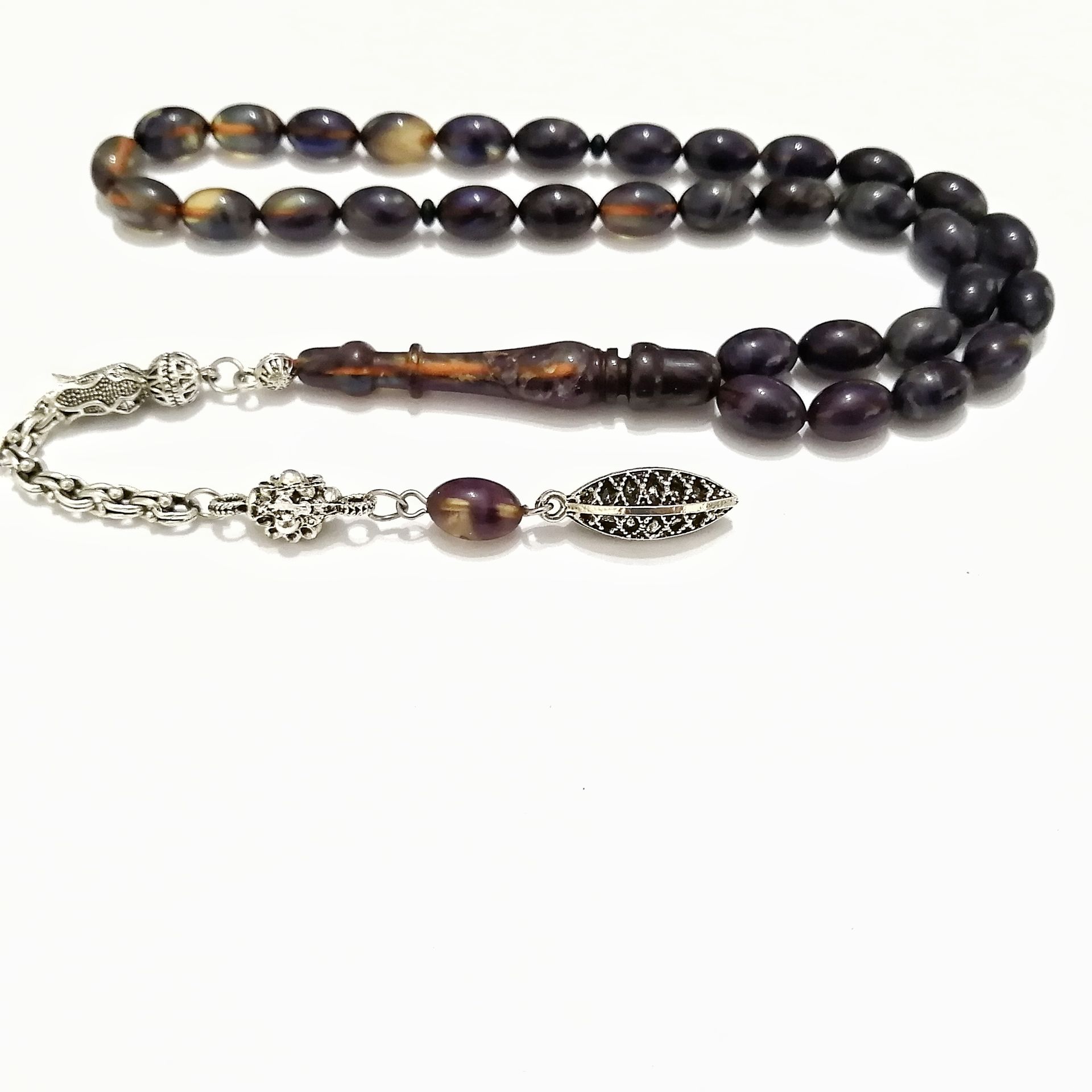 Gümüş Kaplama Alpaka Püsküllü Beyzi Kesim Sıkma Kehribar Tesbih