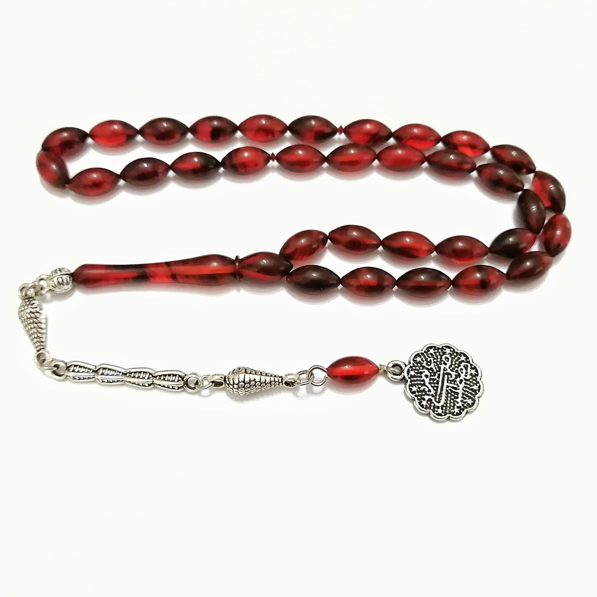 Gümüş Kaplama Alpaka Püsküllü Beyzi Kesim Sıkma Kehribar Tesbih