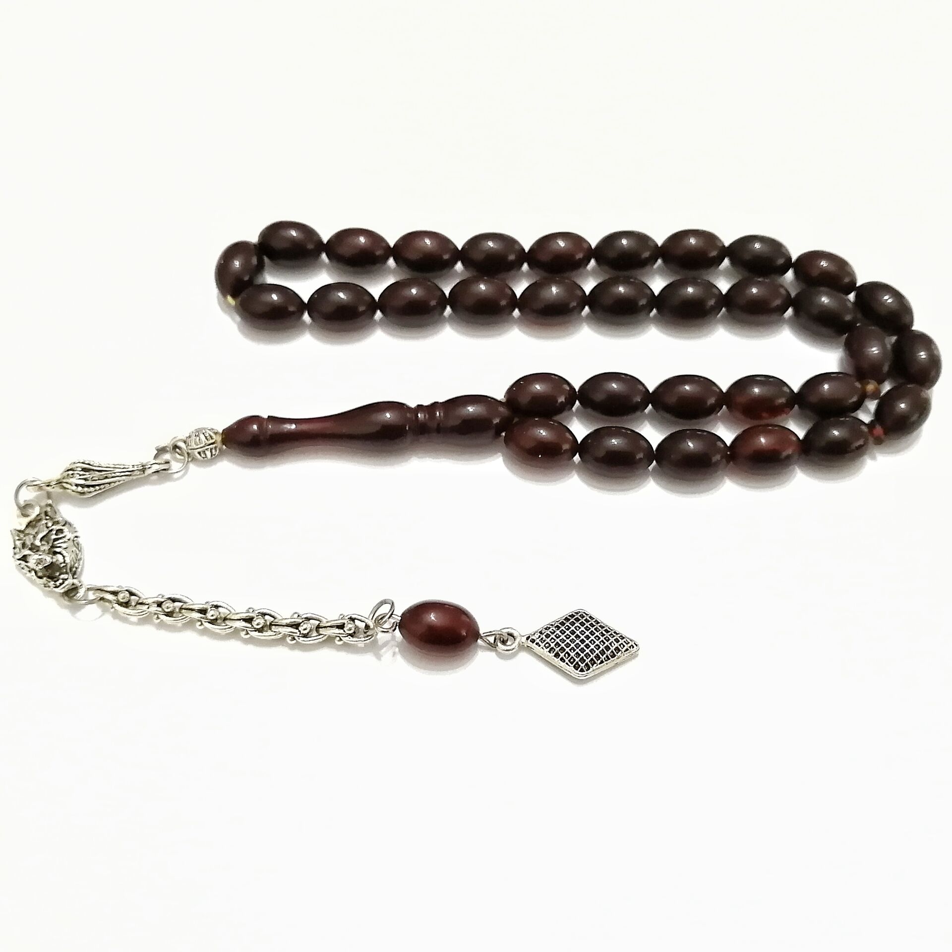 Gümüş Kaplama Alpaka Püsküllü Beyzi Kesim Sıkma Kehribar Tesbih