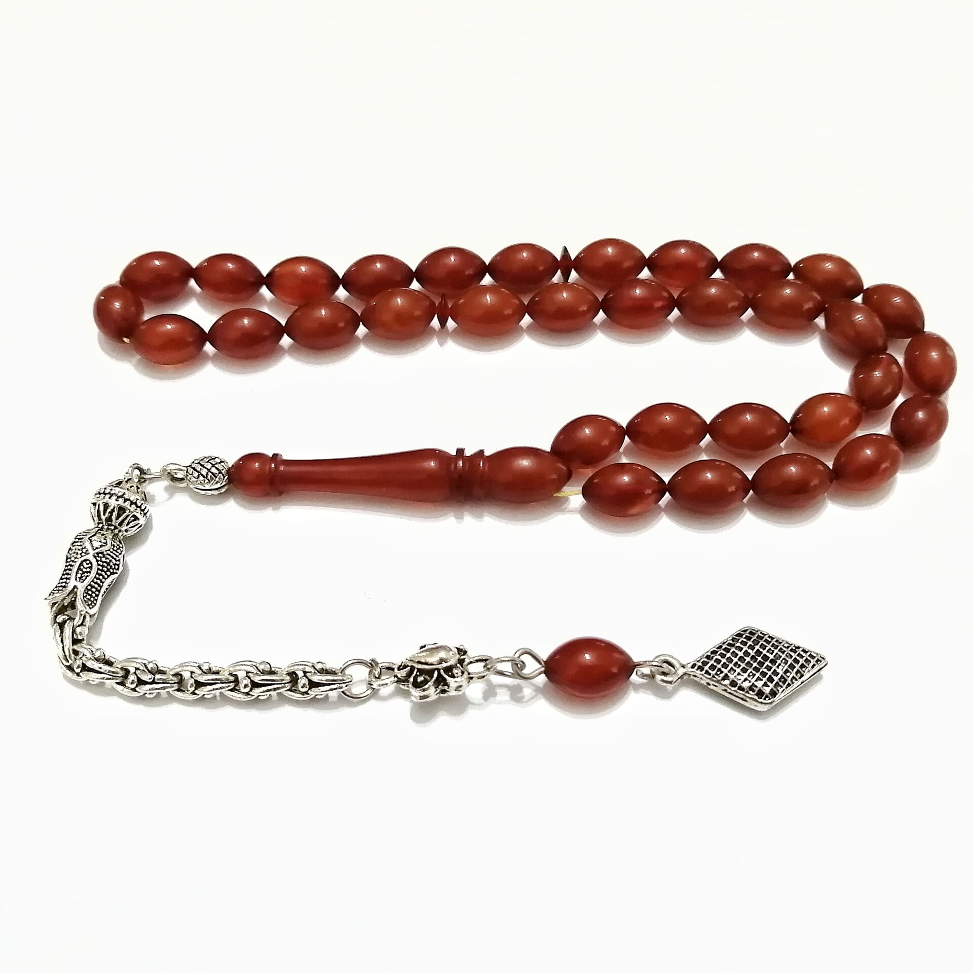 Gümüş Kaplama Alpaka Püsküllü Beyzi Kesim Sıkma Kehribar Tesbih