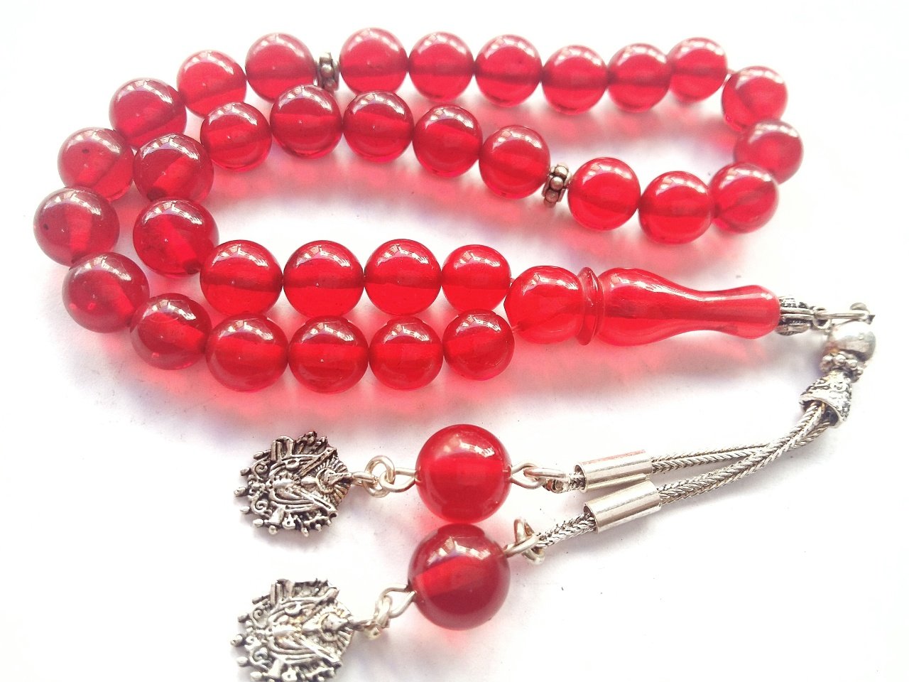 925 Ayar Gümüş Püsküllü Küre Kesim Ateş  Kehribar Tesbih