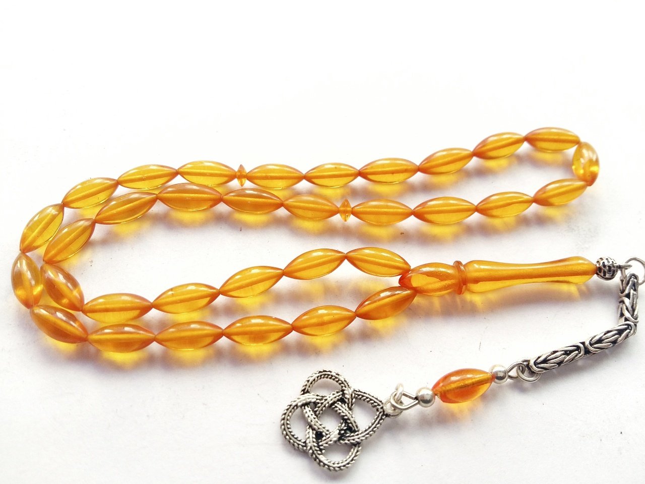 925 Ayar Gümüş Püsküllü Arpa Kesim Ateş  Kehribar Tesbih