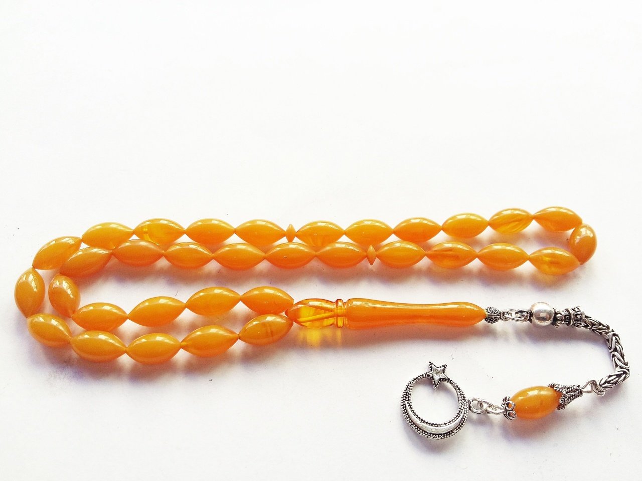 925 Ayar Gümüş Püsküllü Arpa Kesim Sıkma Kehribar Tesbih