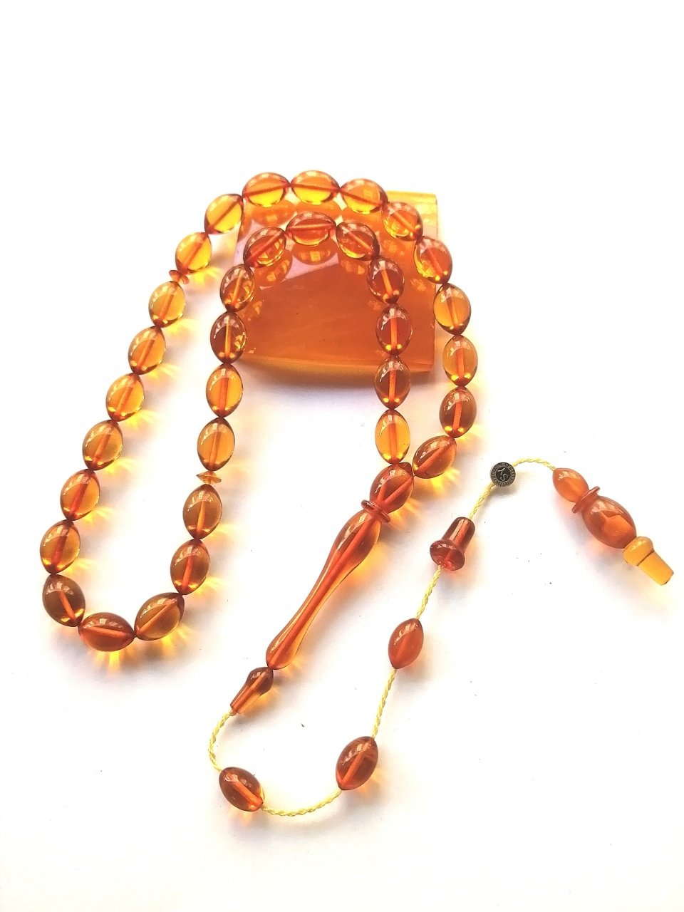 Özel İşçilikli İmzalı & Sikkeli Sistem Püsküllü Beyzi Kesim Ateş Kehribar Tesbih