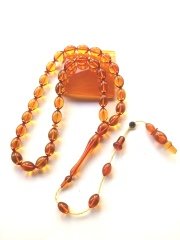 Özel İşçilikli İmzalı & Sikkeli Sistem Püsküllü Beyzi Kesim Ateş Kehribar Tesbih