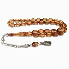 Gümüş Kaplama Alpaka Püsküllü Beyzi Kesim Sıkma Kehribar Tesbih