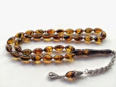 925 Ayar Gümüş Püsküllü Hareli Arpa Kesim Ateş Kehribar Tesbih