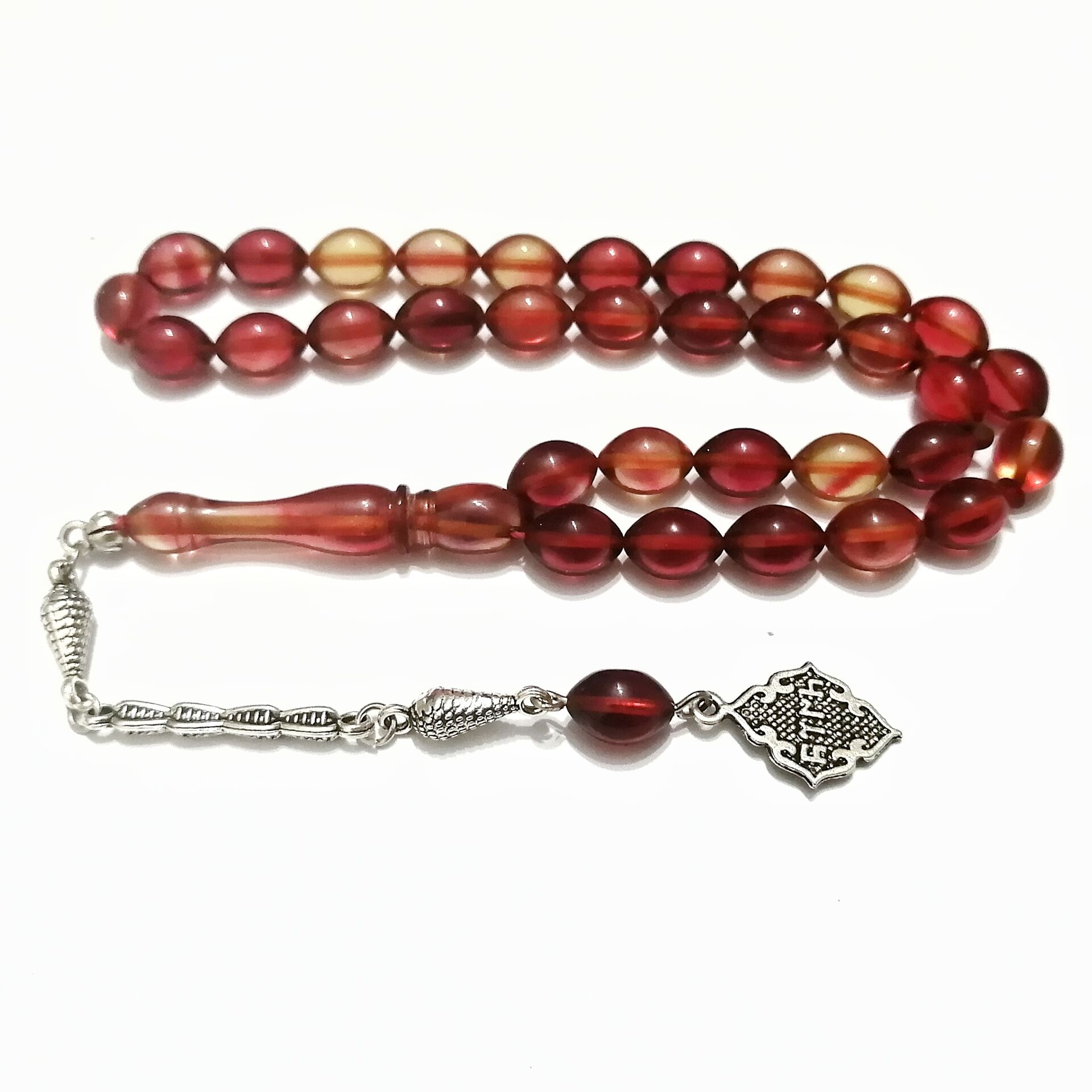 Gümüş Kaplama Alpaka Püsküllü Beyzi Kesim Sıkma Kehribar Tesbih