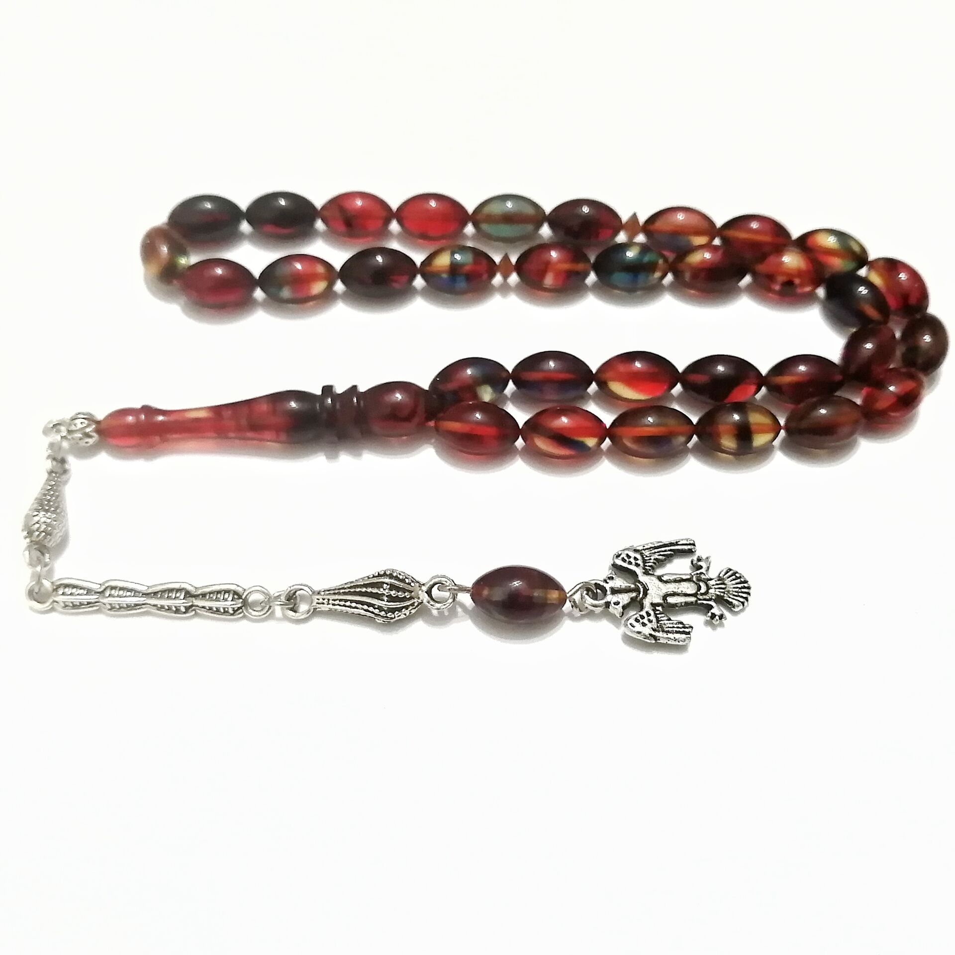 Gümüş Kaplama Alpaka Püsküllü Beyzi Kesim Sıkma Kehribar Tesbih