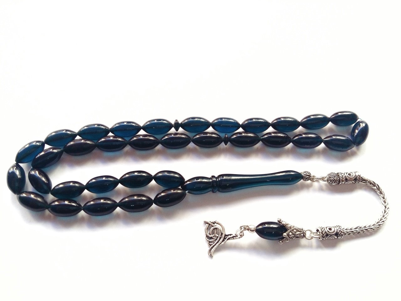 925 Ayar Gümüş Püsküllü Lacivert Yansimalı Arpa Kesim Özel İşçilikli Ateş Kehribar Tesbih