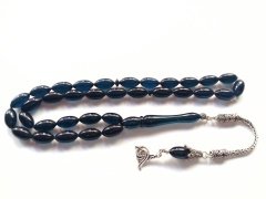 925 Ayar Gümüş Püsküllü Lacivert Yansimalı Arpa Kesim Özel İşçilikli Ateş Kehribar Tesbih