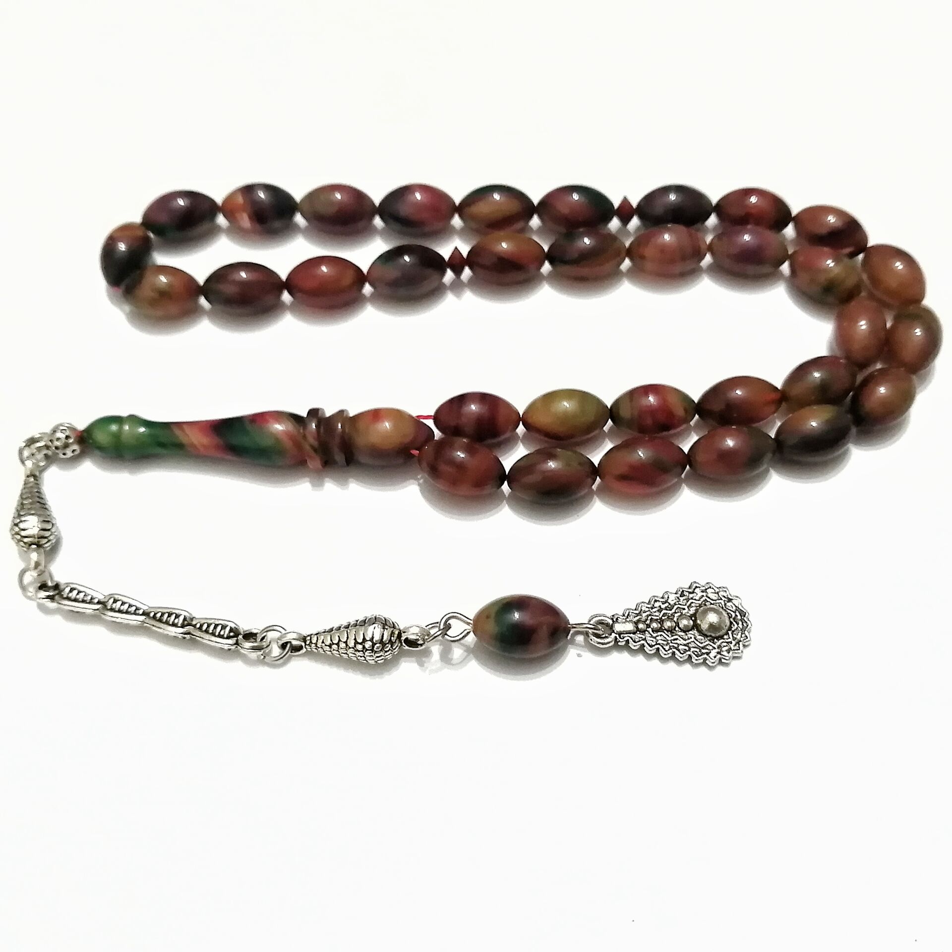 Gümüş Kaplama Alpaka Püsküllü Beyzi Kesim Sıkma Kehribar Tesbih