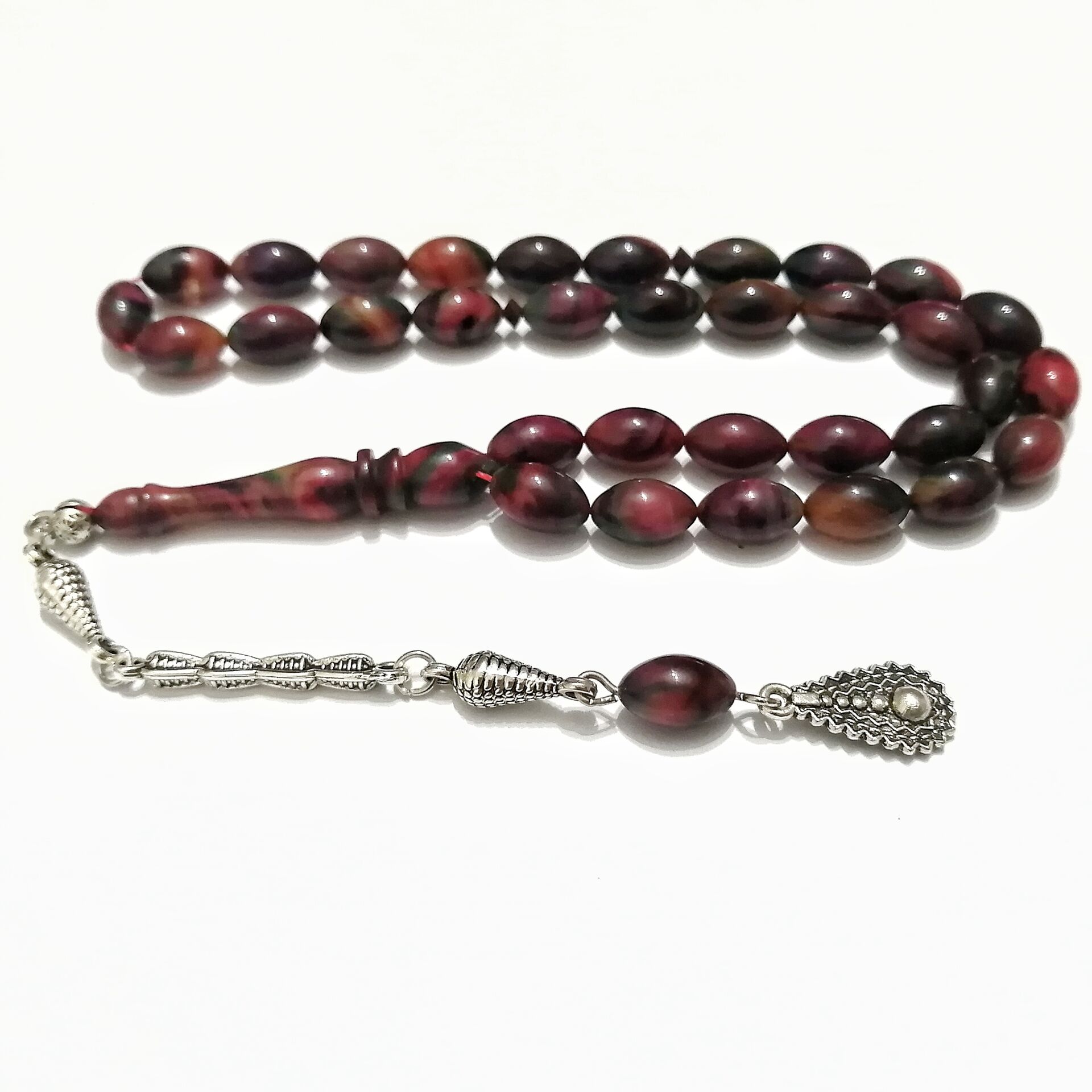 Gümüş Kaplama Alpaka Püsküllü Beyzi Kesim Sıkma Kehribar Tesbih