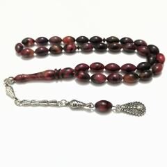 Gümüş Kaplama Alpaka Püsküllü Beyzi Kesim Sıkma Kehribar Tesbih