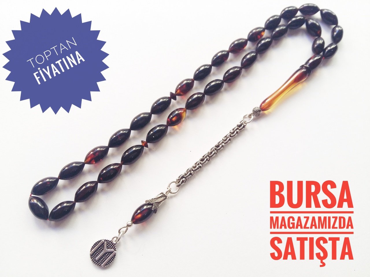 925 Ayar Gümüş Püsküllü Sıkma Kehribar Tesbih