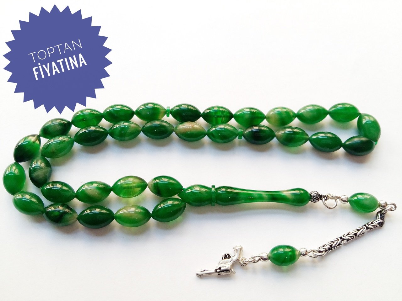 925 Ayar Gümüş Püsküllü Beyzi Kesim Sıkma Kehribar Tesbih