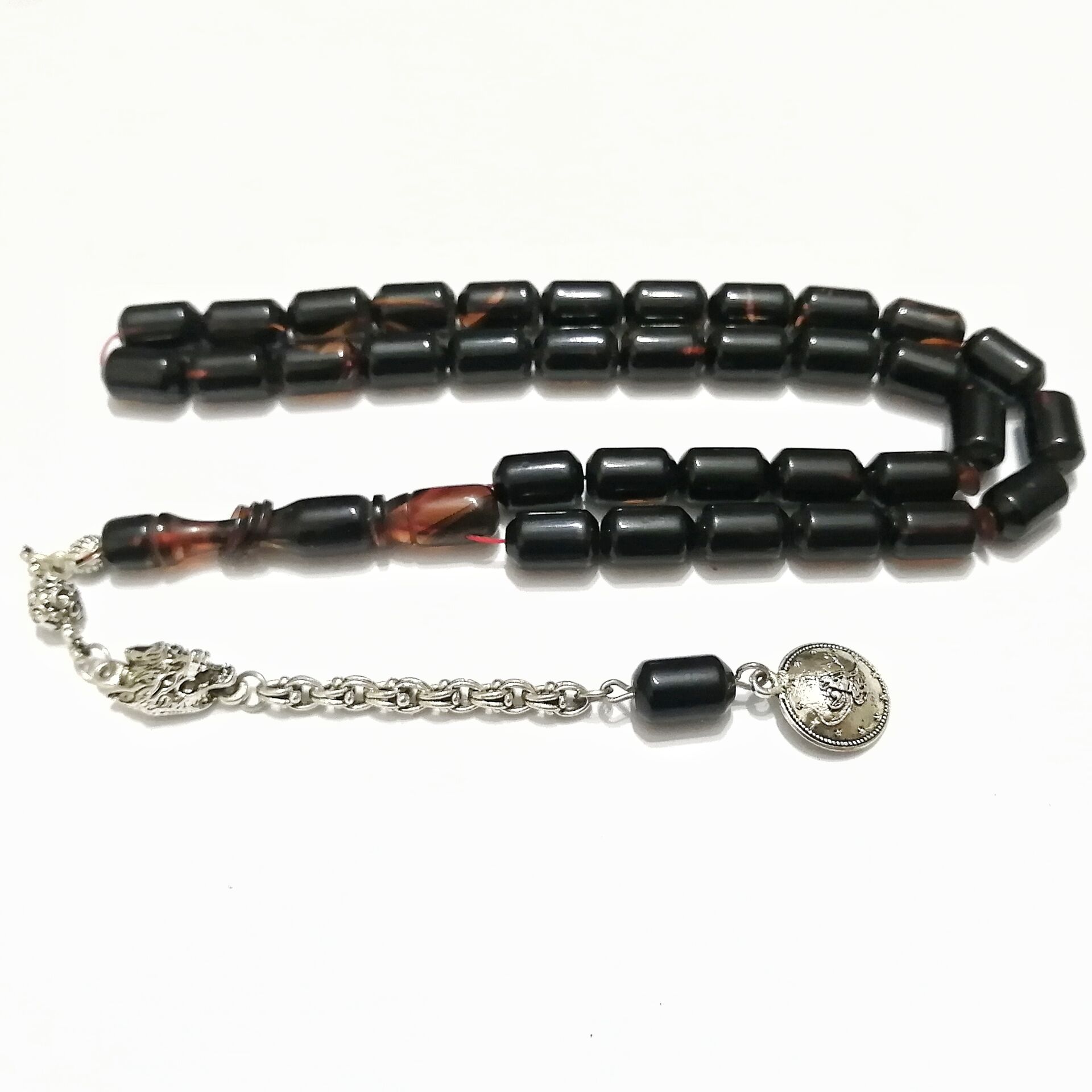 Gümüş Kaplama Alpaka Püsküllü Uçlu Kapsül Kesim Sıkma Kehribar Tesbih