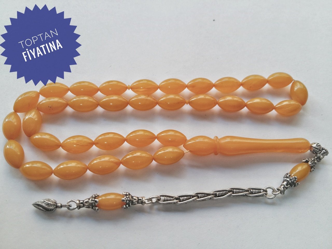 925 Ayar Gümüş Püsküllü Arpa Kesim Sıkma Kehribar Tesbih