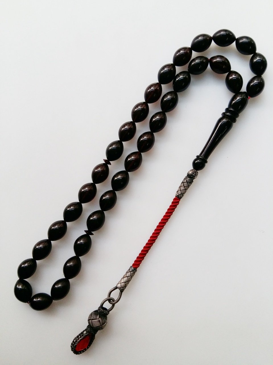 Gümüş Kazaz Püsküllü Kırmızı Yansımalı Ateş Kehribar Tesbih