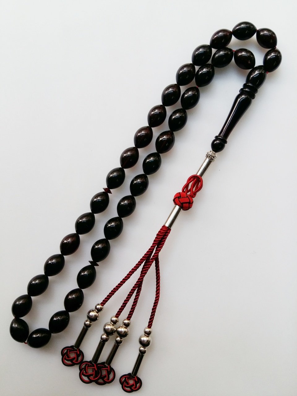 Metal Elişi Kazaz Püsküllü Beyzi Kesim Kırmızı Yansımalı Ateş Kehribar Tesbih