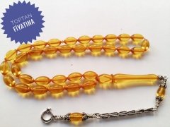 Sarı Renkli 925 Ayar Gümüş Püsküllü Ateş Kehribar Tesbih