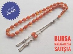 925 Ayar Gümüş Püsküllü Beyzi Kesim Sıkma Kehribar Tesbih