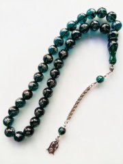 925 Ayar Gümüş İşlemeli Gümüş Püskül Tasarımlı Ateş Kehribar Tesbih