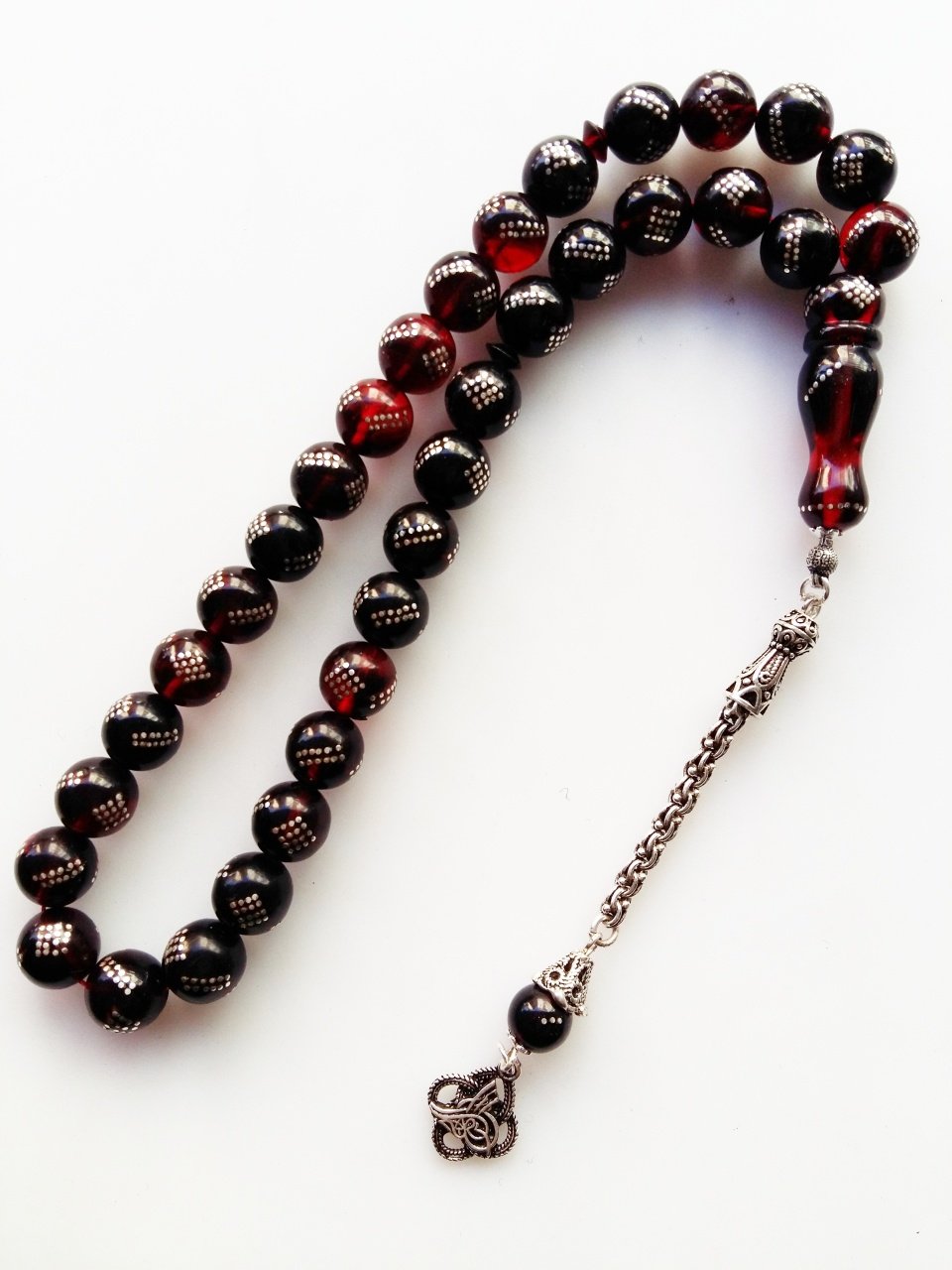 925 Ayar Gümüş İşlemeli Gümüş Püskül Tasarımlı Ateş Kehribar Tesbih