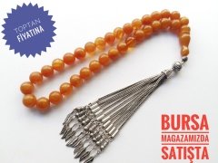 925 Ayar Gümüş Püsküllü 10 mm Küre Kesim Sıkma Kehribar Tesbih