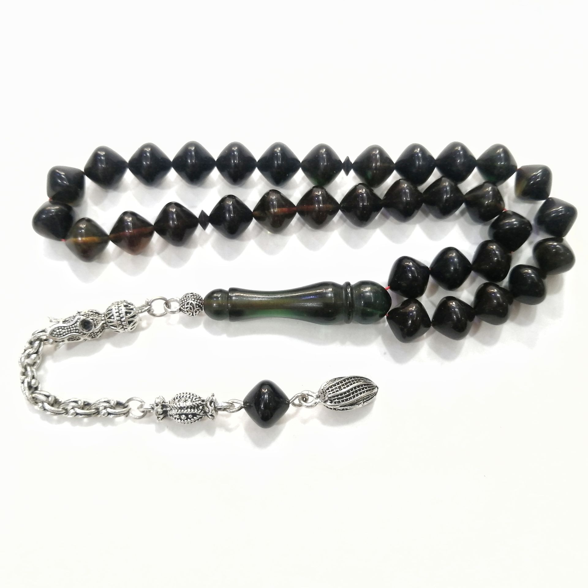 Gümüş Kaplama Alpaka Püsküllü İstanbul Kesim Sıkma Kehribar Tesbih