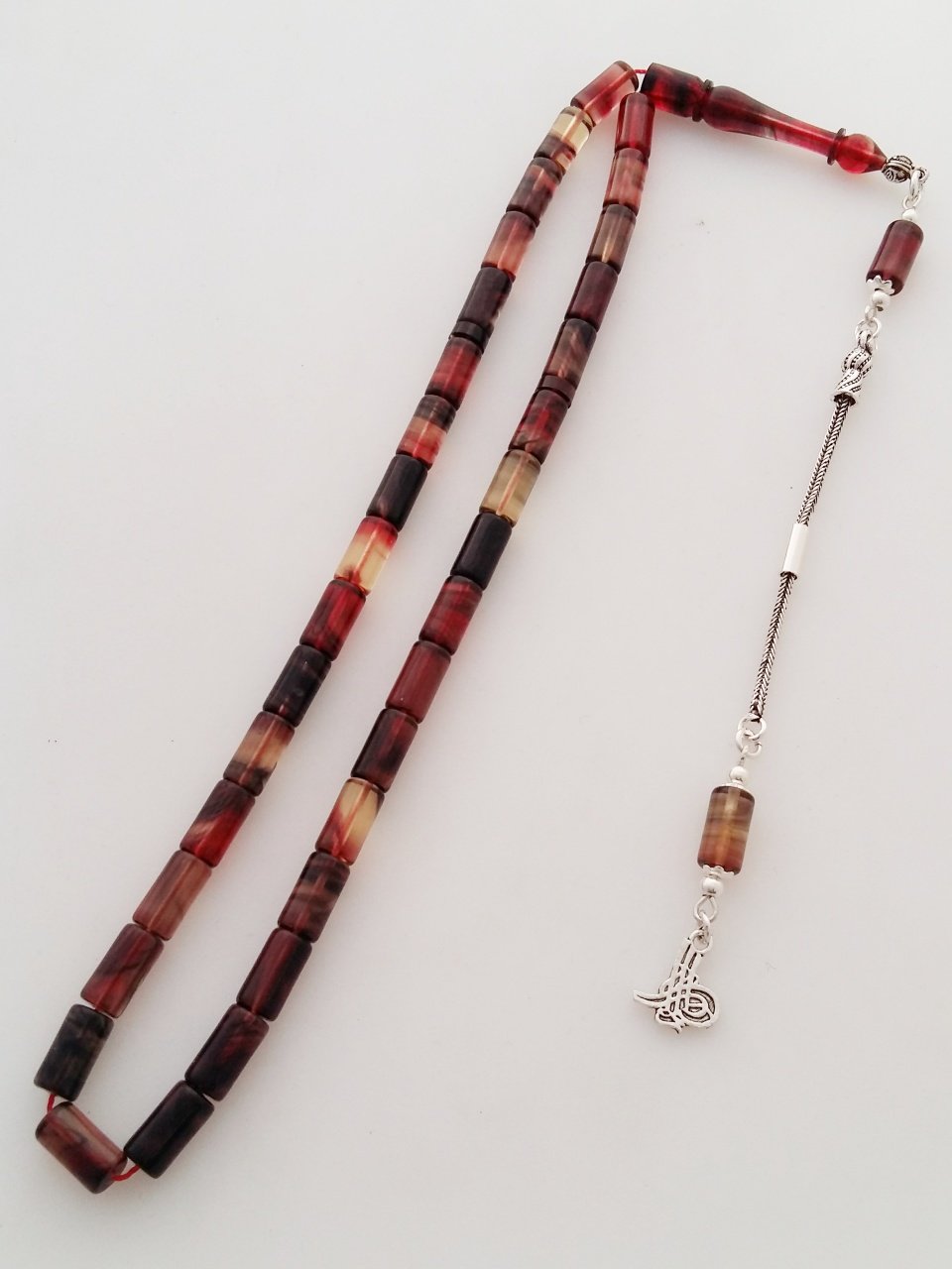 925 Ayar Gümüş Püsküllü Hareli Özel İşçilikli Sıkma Kehribar Tesbih