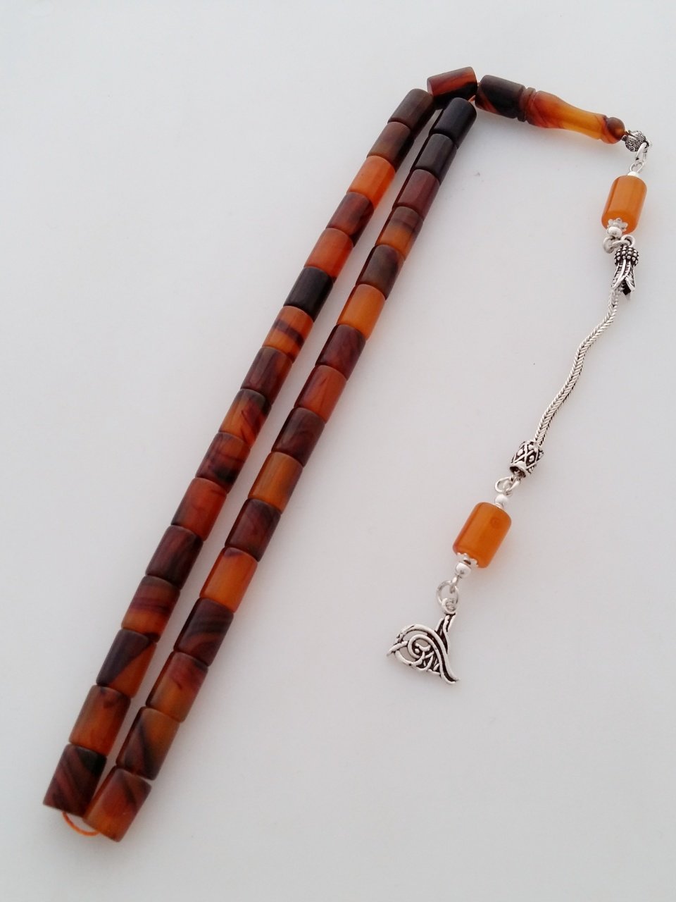 925 Ayar Gümüş Püsküllü Hareli Özel İşçilikli Sıkma Kehribar Tesbih