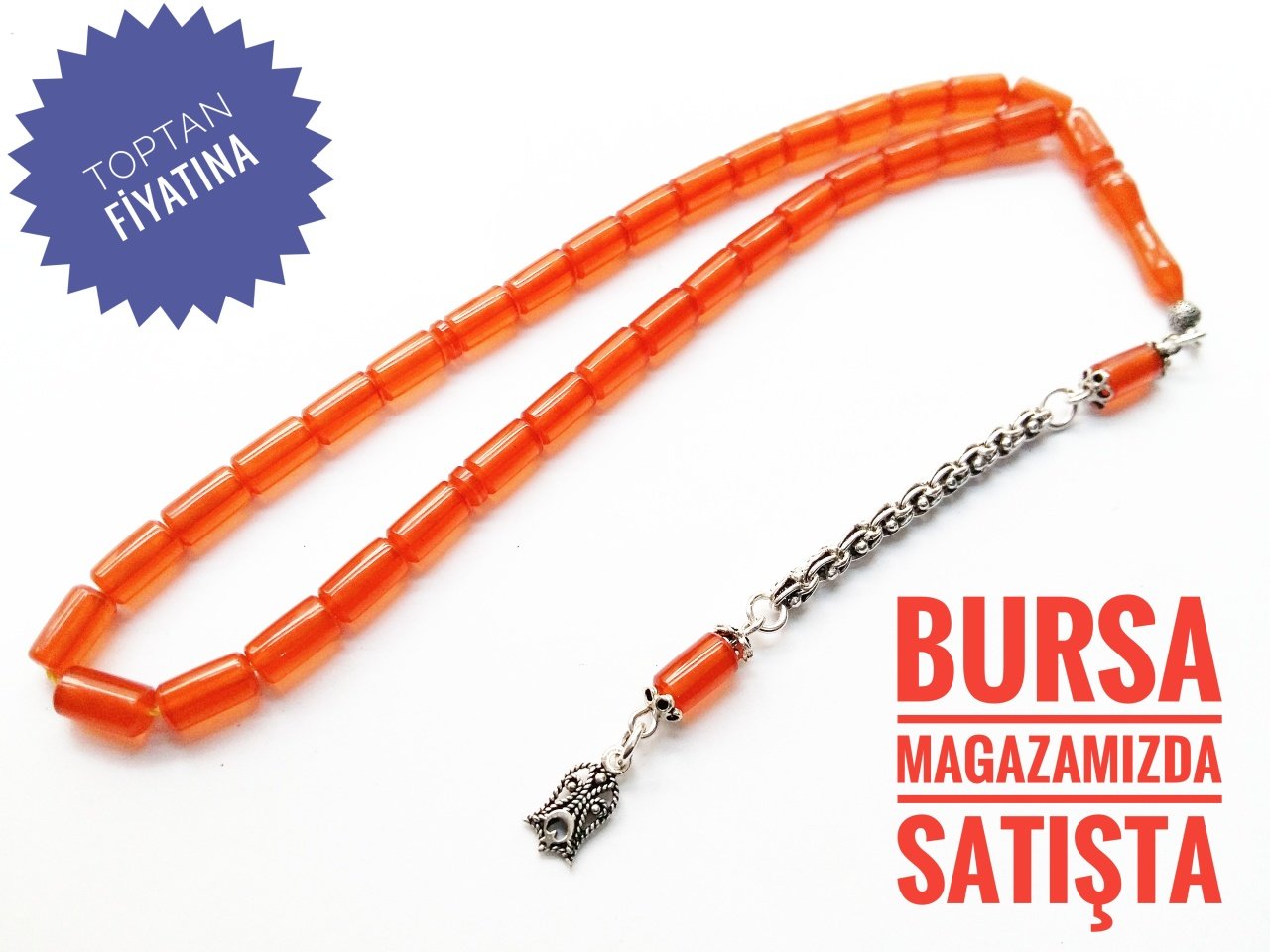 Turuncu Renkli Kesme Model 925 Ayar Gümüş Püsküllü Sıkma Kehribar Tesbih