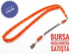 Turuncu Renkli Kesme Model 925 Ayar Gümüş Püsküllü Sıkma Kehribar Tesbih