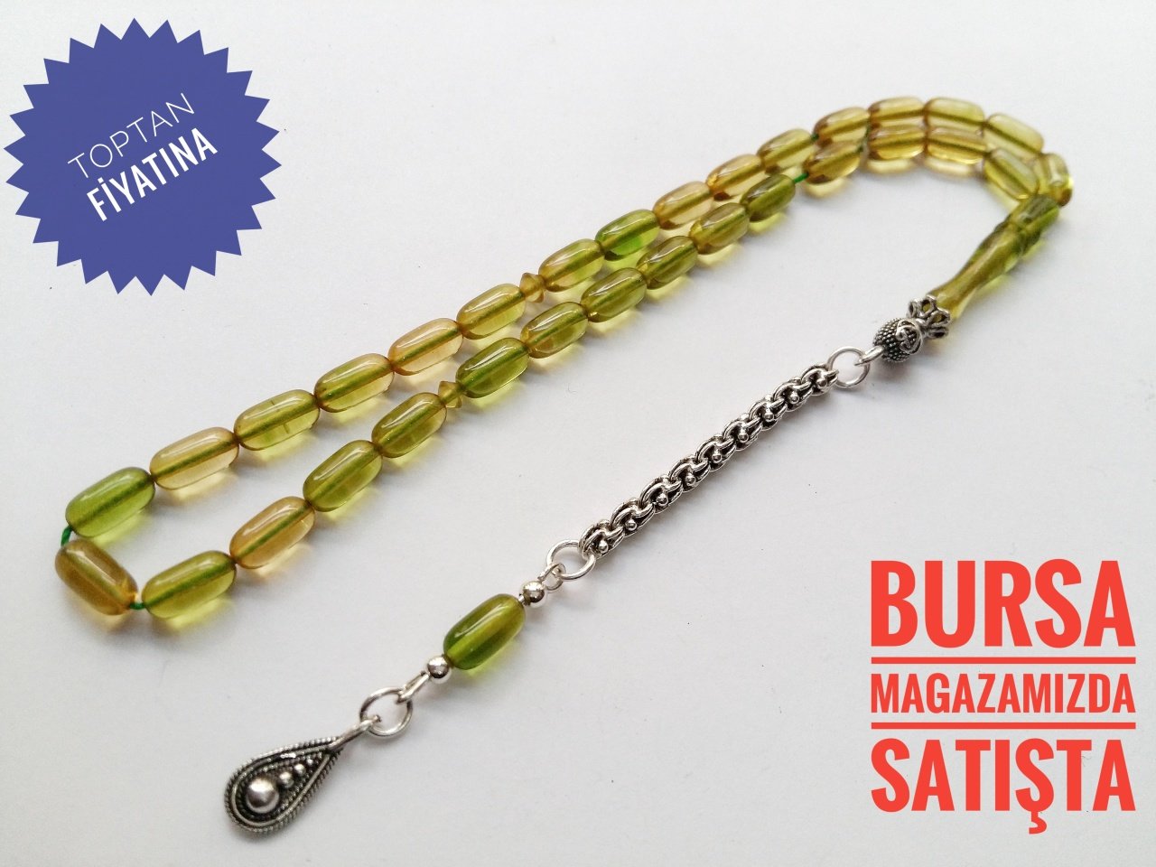 925 Ayar Gümüş Püsküllü Kapsül Kesim Sıkma Kehribar Tesbih