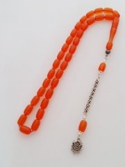 925 Ayar Gümüş Püsküllü Özel İşçilikli Kapsül Kesim Ateş Kehribar Tesbih