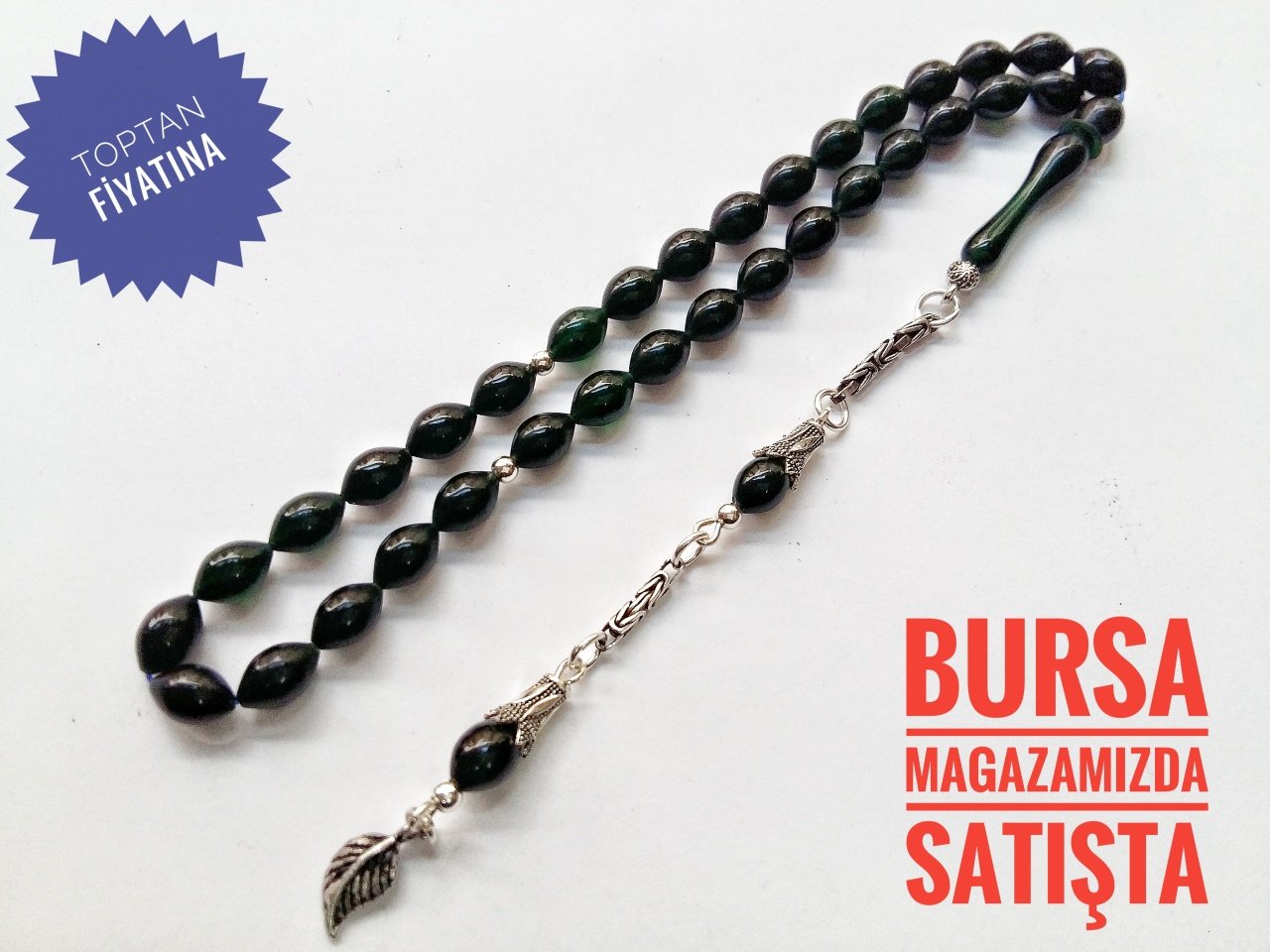 Yeşil Yansimalı 925 Ayar Gümüş Püsküllü Sıkma Kehribar Tesbih